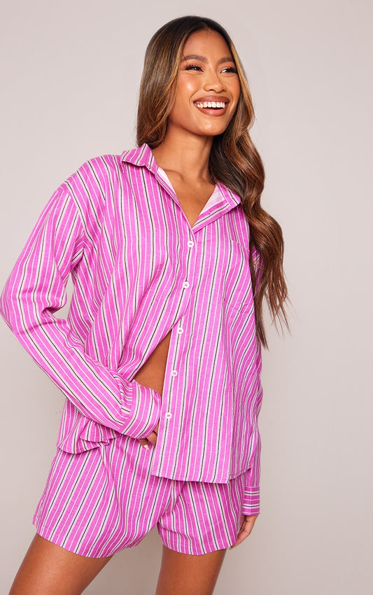 Chemise oversize effet lin rose manches longues à rayures et poches devant