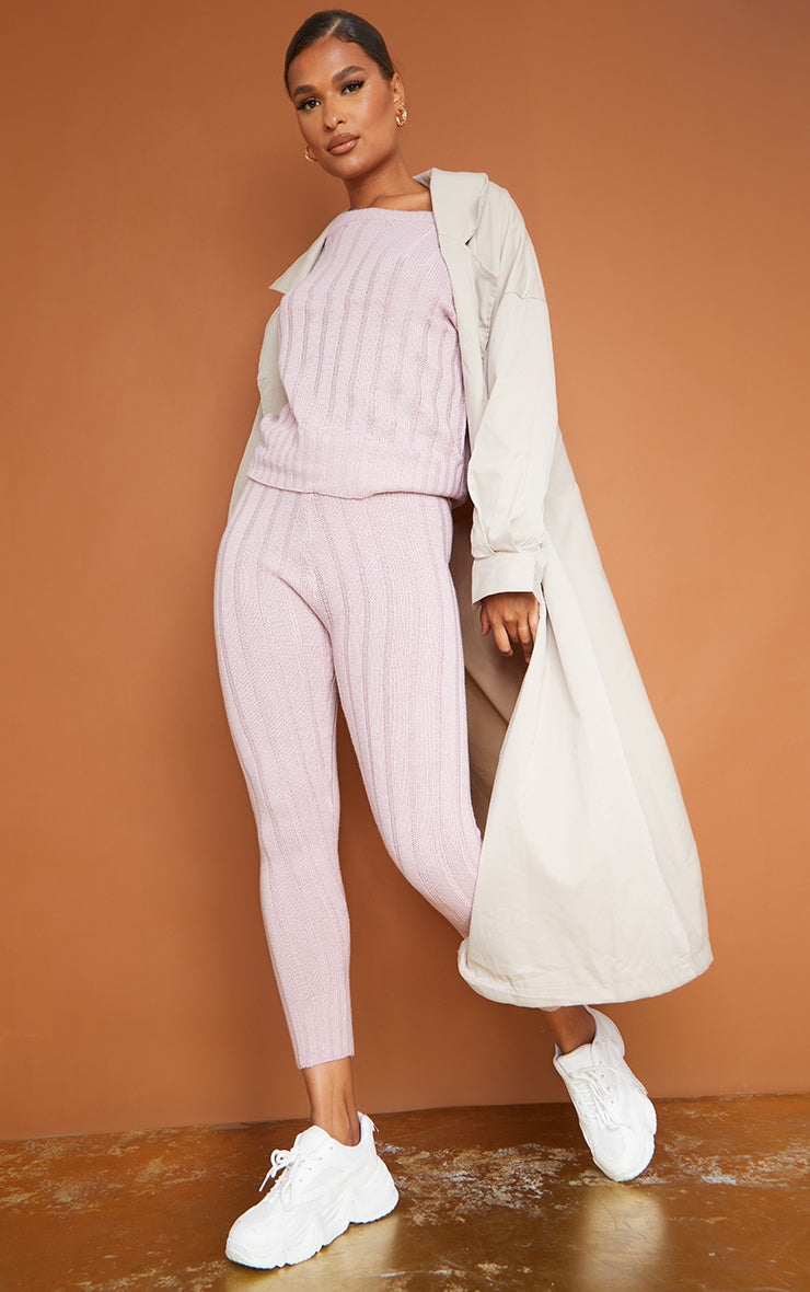 Ensemble lounge vieux rose en maille avec legging + pull à col bardot