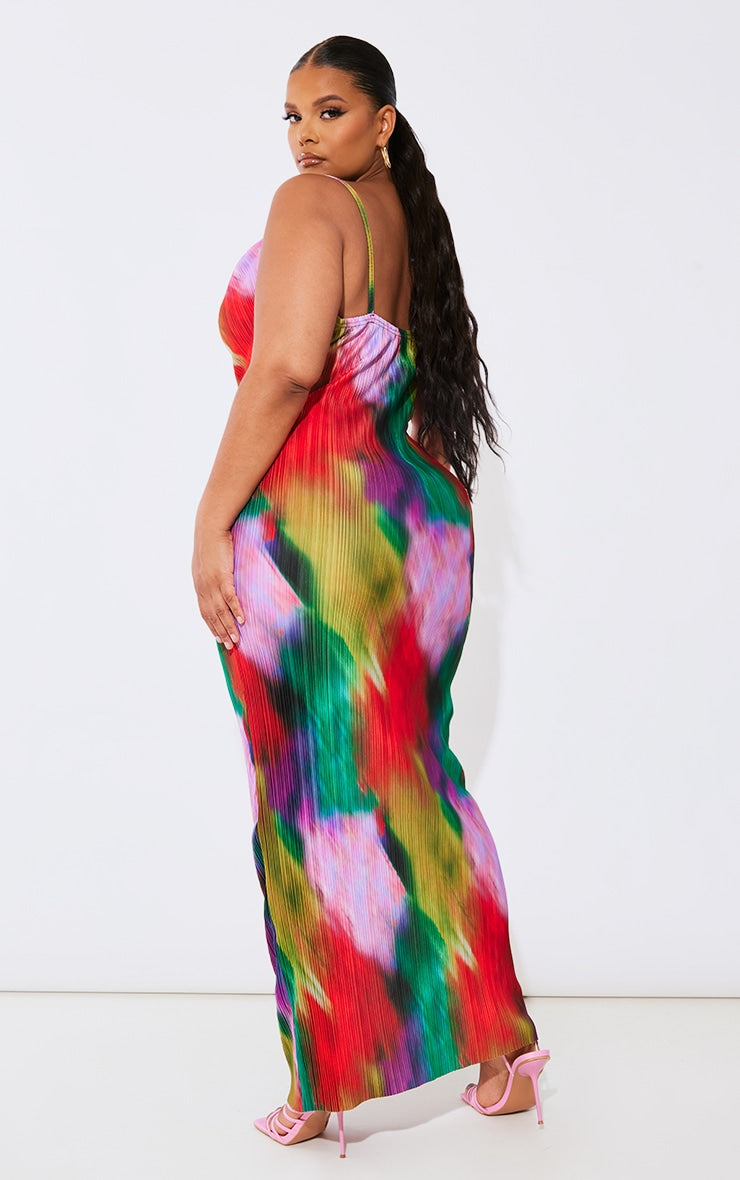 Plus Robe longue plissée imprimé multicolore à col bénitier