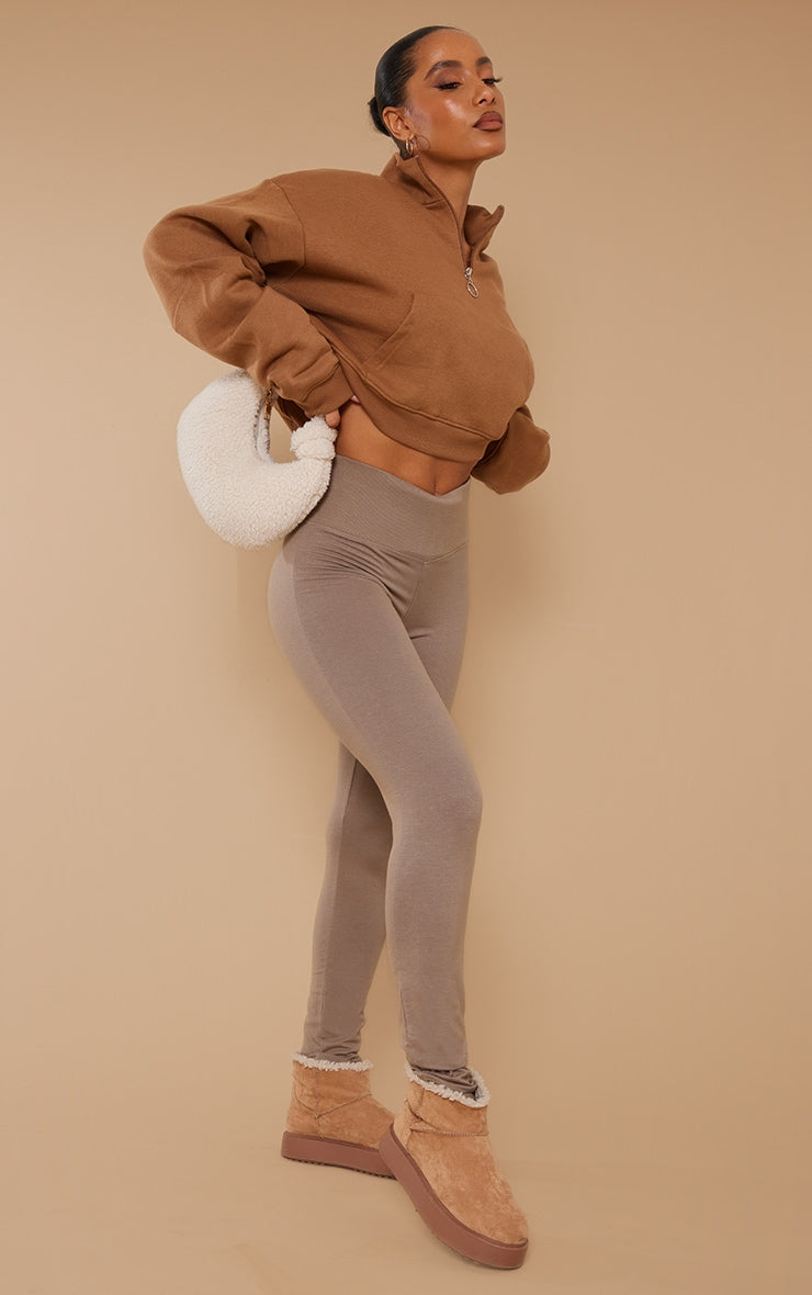 Legging en coton taupe à bande côtelée