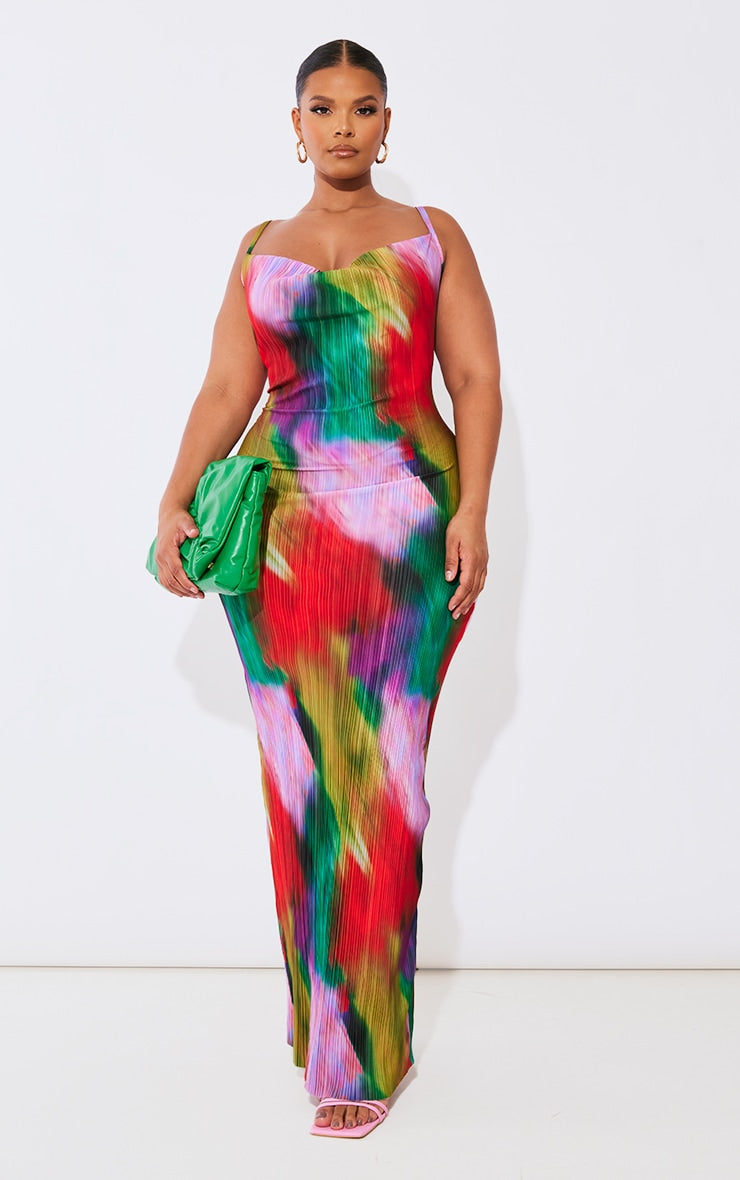 Plus Robe longue plissée imprimé multicolore à col bénitier