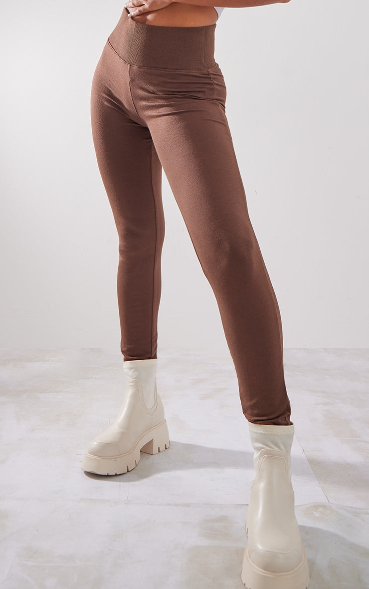 Legging en coton taupe à bande côtelée